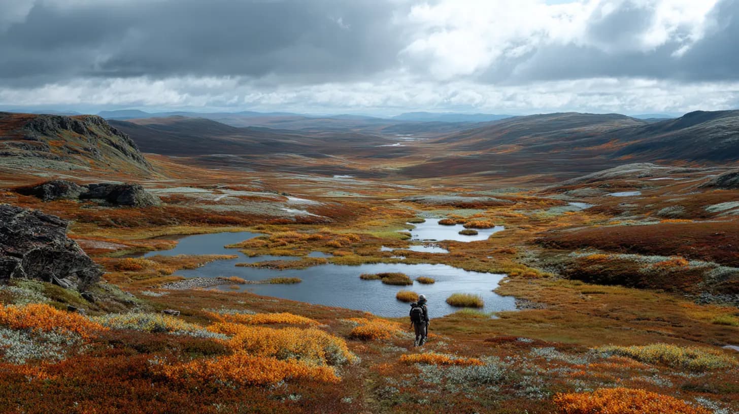 Rypejakt på Finnmarksvidda — jeger med stående fuglehund i høstfarger
